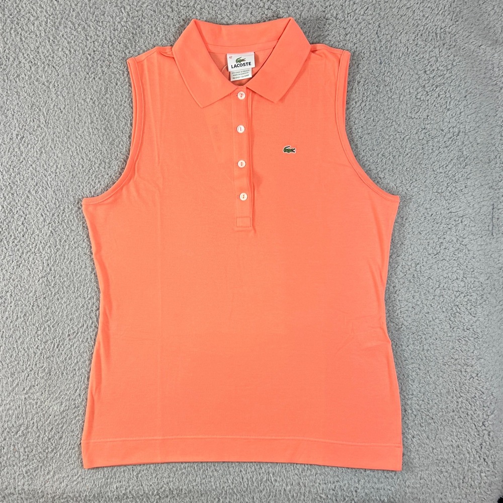 Lacoste Sleeveless Polo Women US Size L (EU/10) Orange Micro Pique Stretch Top